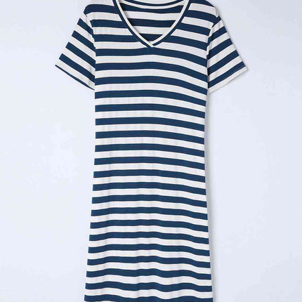 Striped V-Neck Short Sleeve Side Slit Dress
