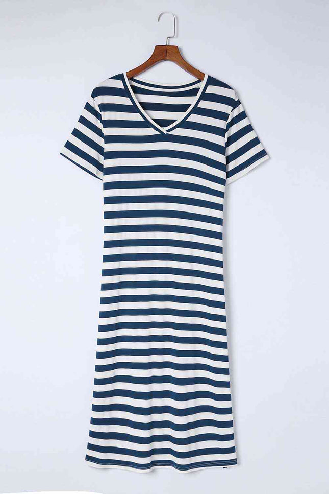 Striped V-Neck Short Sleeve Side Slit Dress - Vickie Lynn's