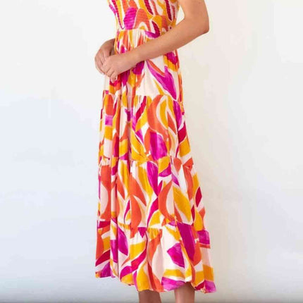 Printed Smocked Square Neck Tiered Sleeveless Dress - Vickie Lynn's