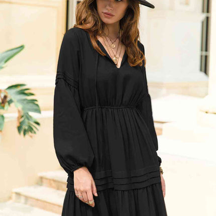 Tie Neck Long Sleeve Midi Tiered Dress