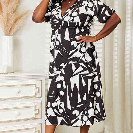 Double Take Printed Surplice Balloon Sleeve Dress - Vickie Lynn's