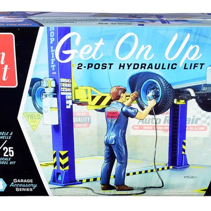 Skill 2 Model Kit Garage Accessory Set #3 (2-Post Hydraulic Lift) with Figurine "Get On Up" 1/25 Scale Model by AMT