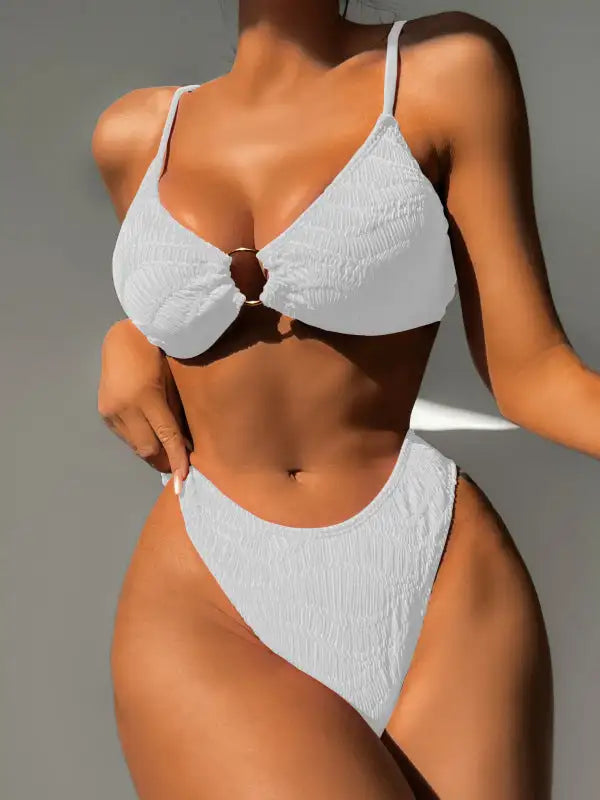 Top de bikini con aro en O de color liso para mujer con conjunto de braguita a juego 