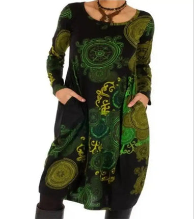 Retro Personality Print Long Sleeve Plus Size Dresses