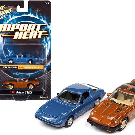 1982 Mazda RX-7 Blue Metallic and 1981 Datsun 280ZX Orange Mist Metallic "Import Heat" Set of 2 Cars 1/64 Diecast Model Cars by Johnny Lightning