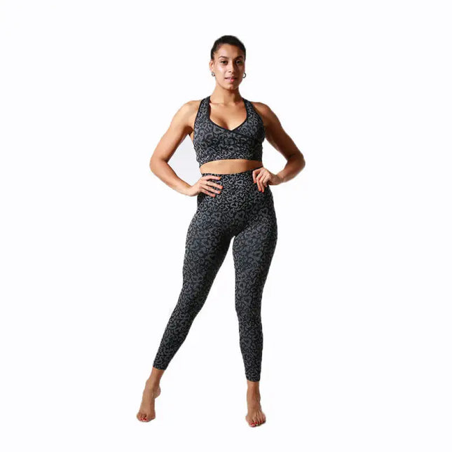 Conjunto de yoga con sujetador trasero de belleza con estampado de leopardo para mujer 