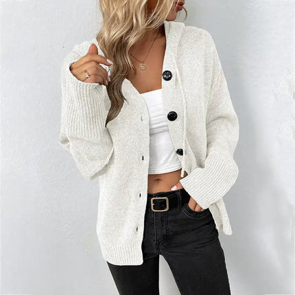 Solid Color Hooded Single-Breasted Drawstring Knit Cardigan Sweater Jacket