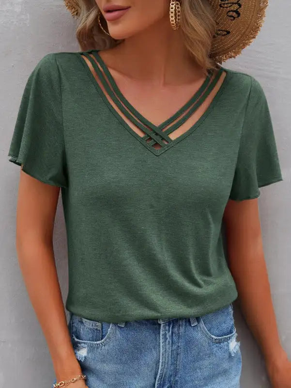 Camiseta con cuello en V y tirantes cruzados de color liso para mujer 