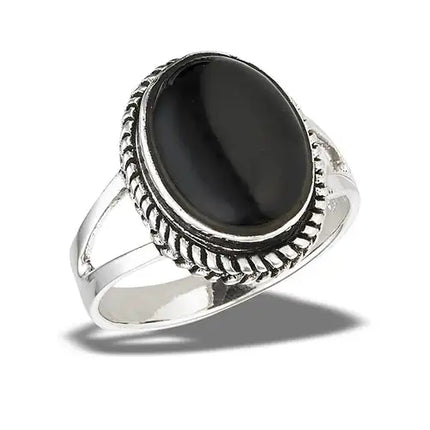 Bali Style Ring With Double Shank And Synthetic Black Onyx