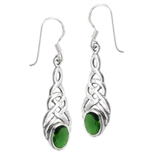 Sterling Silver  Celtic Earring  with Synthetic Emerald