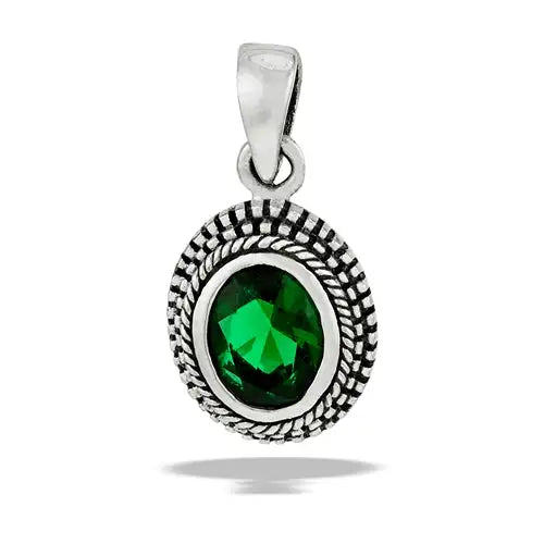 Bali Style Granulated Oval Pendant With Synthetic Emerald