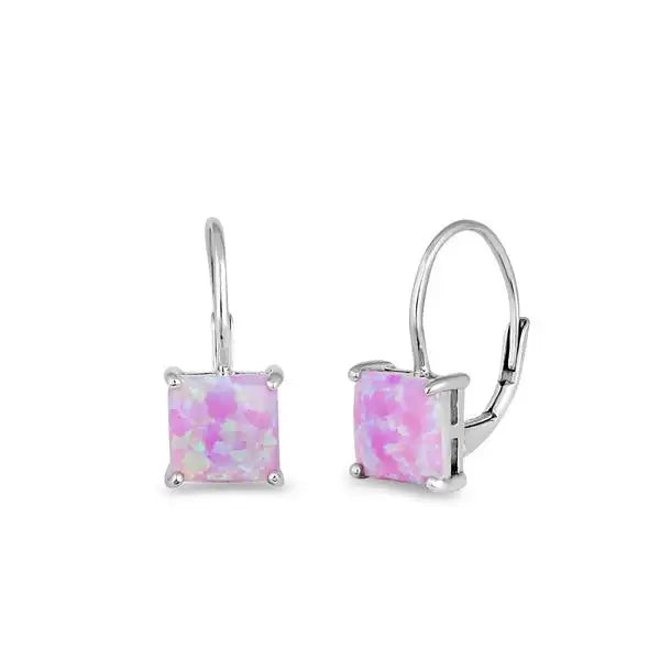 Elegant Pink Lab Opal Square Earrings