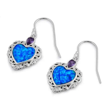 Blue Lab Opal Victorian Heart with Amethyst Pear CZ Earrings