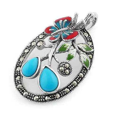 Enamel Butterfly &amp; Flowers Turquoise Marcasite Pendant