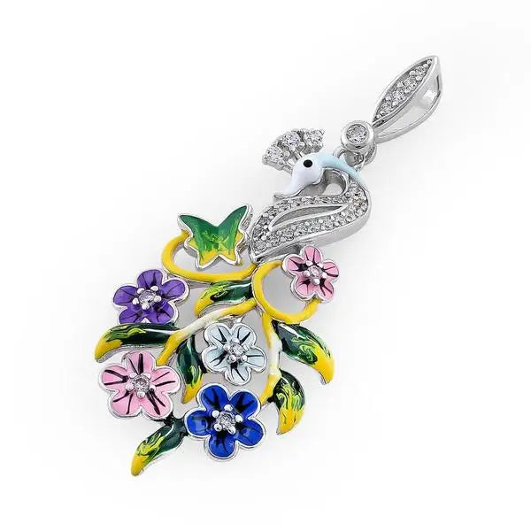 Hand-Painted Swan and Flowers CZ Pendant - vickiescloset