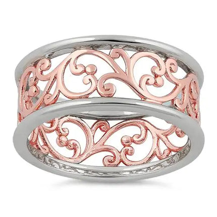 Sterling Silver Two Tone Rose Gold Plated Vines Band Ring