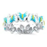 Anillo de esmalte de mariposa azul y blanco paraíso pintado a mano