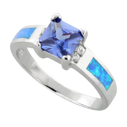 Square Tanzanite Lab Opal CZ Ring