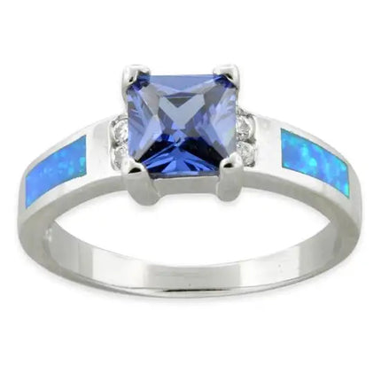 Square Tanzanite Lab Opal CZ Ring