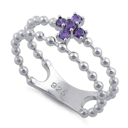 Double Beaded Cross Amethyst CZ Ring