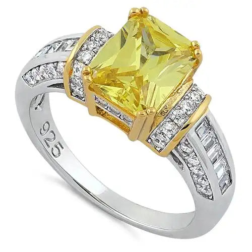 Two Tone Gold Plated Emerald Cut Yellow CZ Ring - vickiescloset