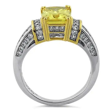 Two Tone Gold Plated Emerald Cut Yellow CZ Ring - vickiescloset