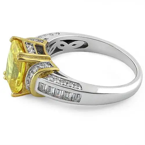 Two Tone Gold Plated Emerald Cut Yellow CZ Ring - vickiescloset