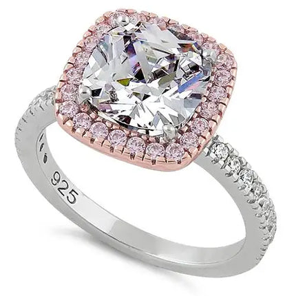 Two Tone Rose Gold Plated Cushion Cut Clear & Pink CZ Ring