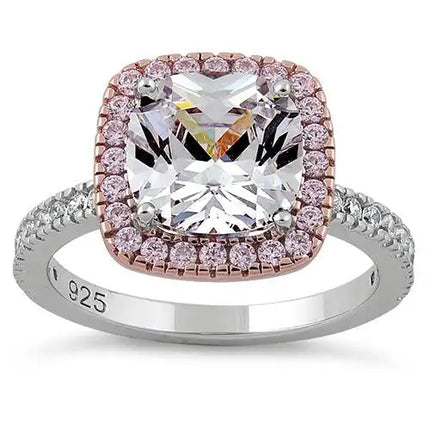Two Tone Rose Gold Plated Cushion Cut Clear & Pink CZ Ring