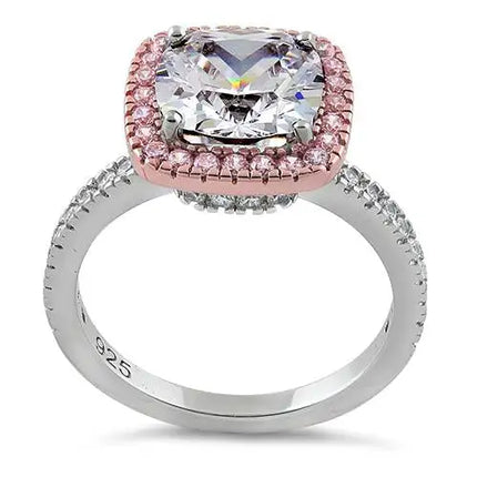 Two Tone Rose Gold Plated Cushion Cut Clear & Pink CZ Ring