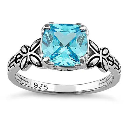 Twin Butterfly Cushion Cut Aqua Blue CZ Ring