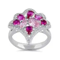 Sterling Silver Pink &amp; Ruby CZ Bouquet Ring