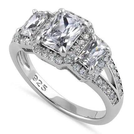 Triple Rectangular Halo Clear CZ Engagement Ring