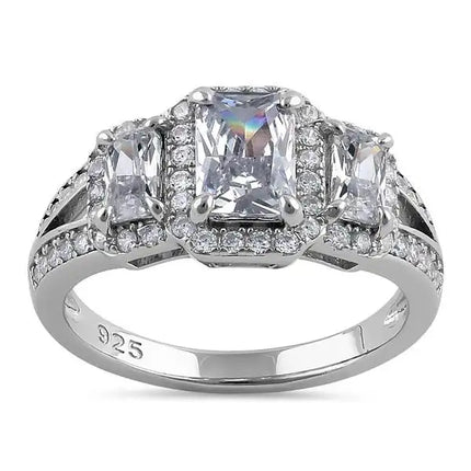 Triple Rectangular Halo Clear CZ Engagement Ring