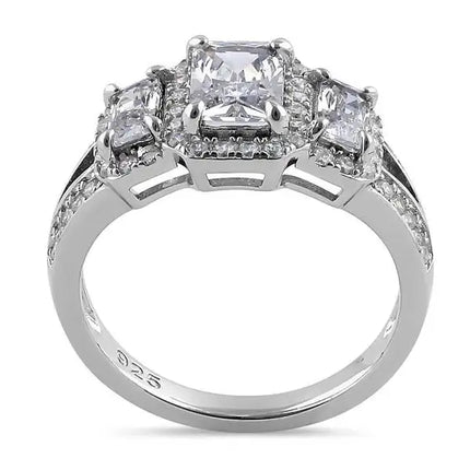 Triple Rectangular Halo Clear CZ Engagement Ring