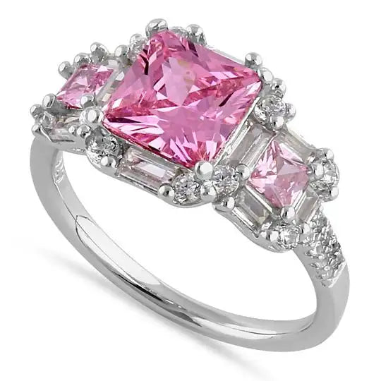 Anillo clásico de corte princesa, esmeralda y redondo con circonita rosa y transparente