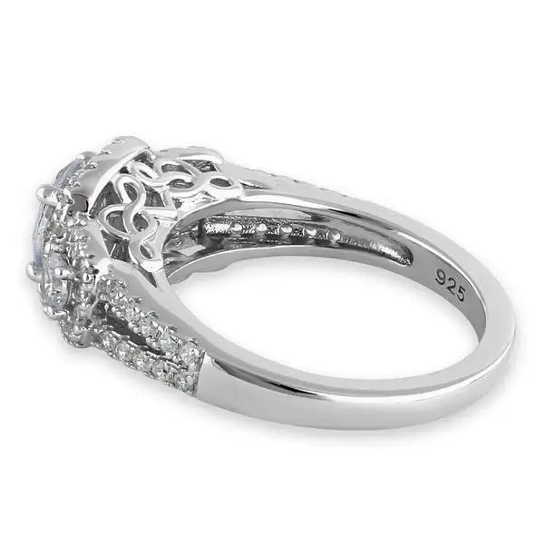 Luxurious Filigree Halo Trio Round Cut Clear CZ Engagement Ring