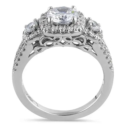 Luxurious Filigree Halo Trio Round Cut Clear CZ Engagement Ring