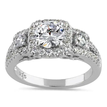 Luxurious Filigree Halo Trio Round Cut Clear CZ Engagement Ring