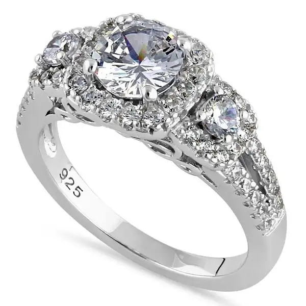 Luxurious Filigree Halo Trio Round Cut Clear CZ Engagement Ring