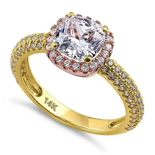 Solid 14K Yellow Gold &amp; Rose Gold Plated Cushion Cut CZ Engagement Ring - vickiescloset
