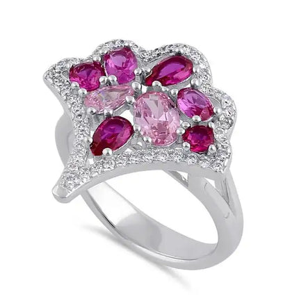 Sterling Silver Pink &amp; Ruby CZ Bouquet Ring