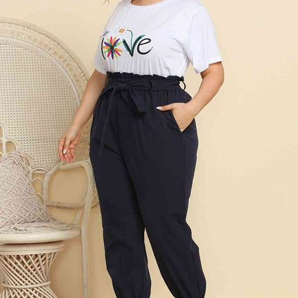 Graphic Tee and Belted Paperbag Joggers Set