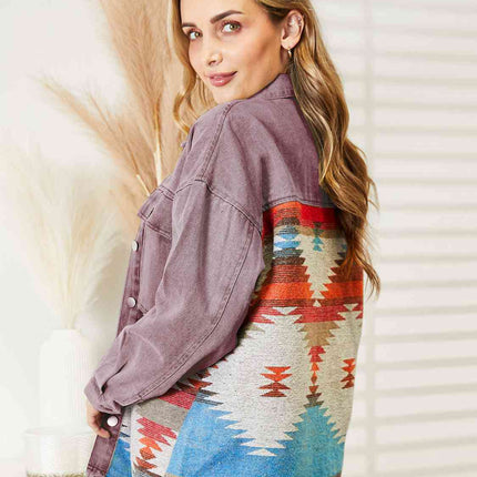 Dropped Shoulder Long Sleeve Printed Denim Jacket