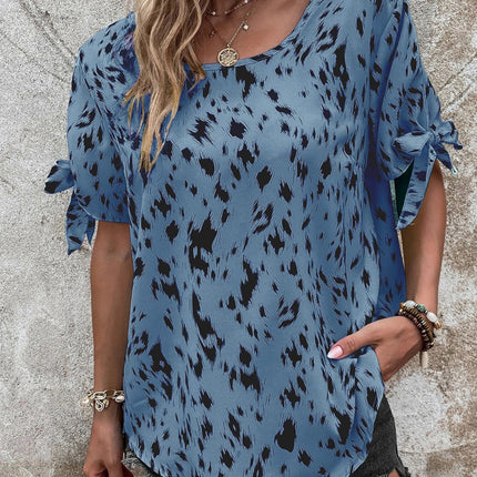 Tied Printed Boat Neck Blouse