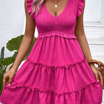 Smocked Frill Trim Deep V Dress
