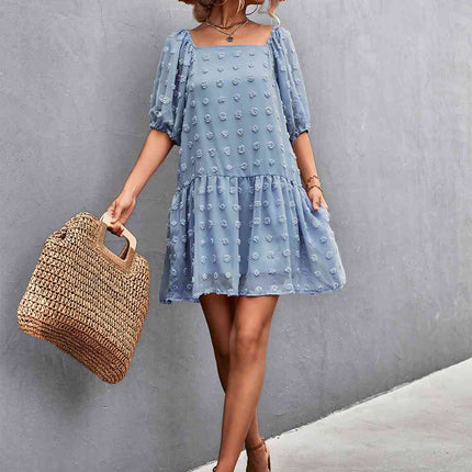 Swiss Dot Square Neck Half Balloon Sleeve Dress