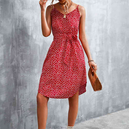 Printed V-Neck Tie Waist Mini Dress - Vickie Lynn's
