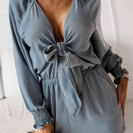 Tied Flounce Sleeve Plunge Romper