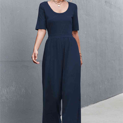 Scoop Neck Half Sleeve Wide Leg Jumpsuit